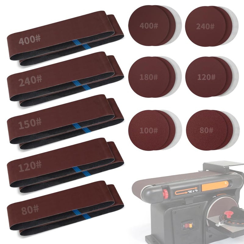 makiwork Sanding Belts & PSA Sanding Discs Set - 10 Pack 4x36 Inch Aluminum Oxide Belts (80/120/150/240/400 Grit) and 18 Pack 6-Inch Self-Adhesive Discs (80/100/120/180/240/400 Grit) for Wood, Metal Polishing - Image 1